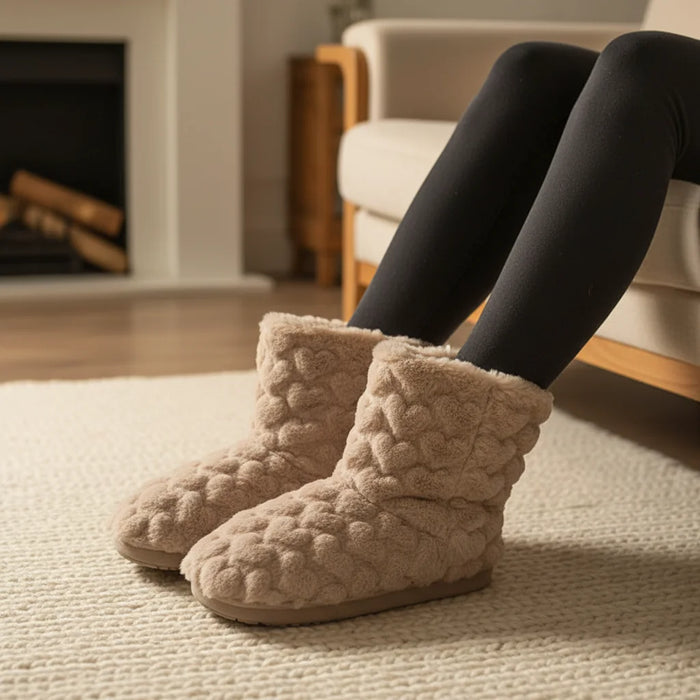 Khaki Women's Fluffy Slipper Boots with Velvet Finish & Fleece Lining - Lifestyle Fireplace Scene