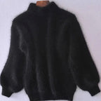 Black Women's Turtleneck Sweater with Fluffy Balloon Sleeves & Ribbed Knit