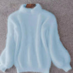Blue Women's Turtleneck Sweater with Fluffy Balloon Sleeves & Ribbed Knit