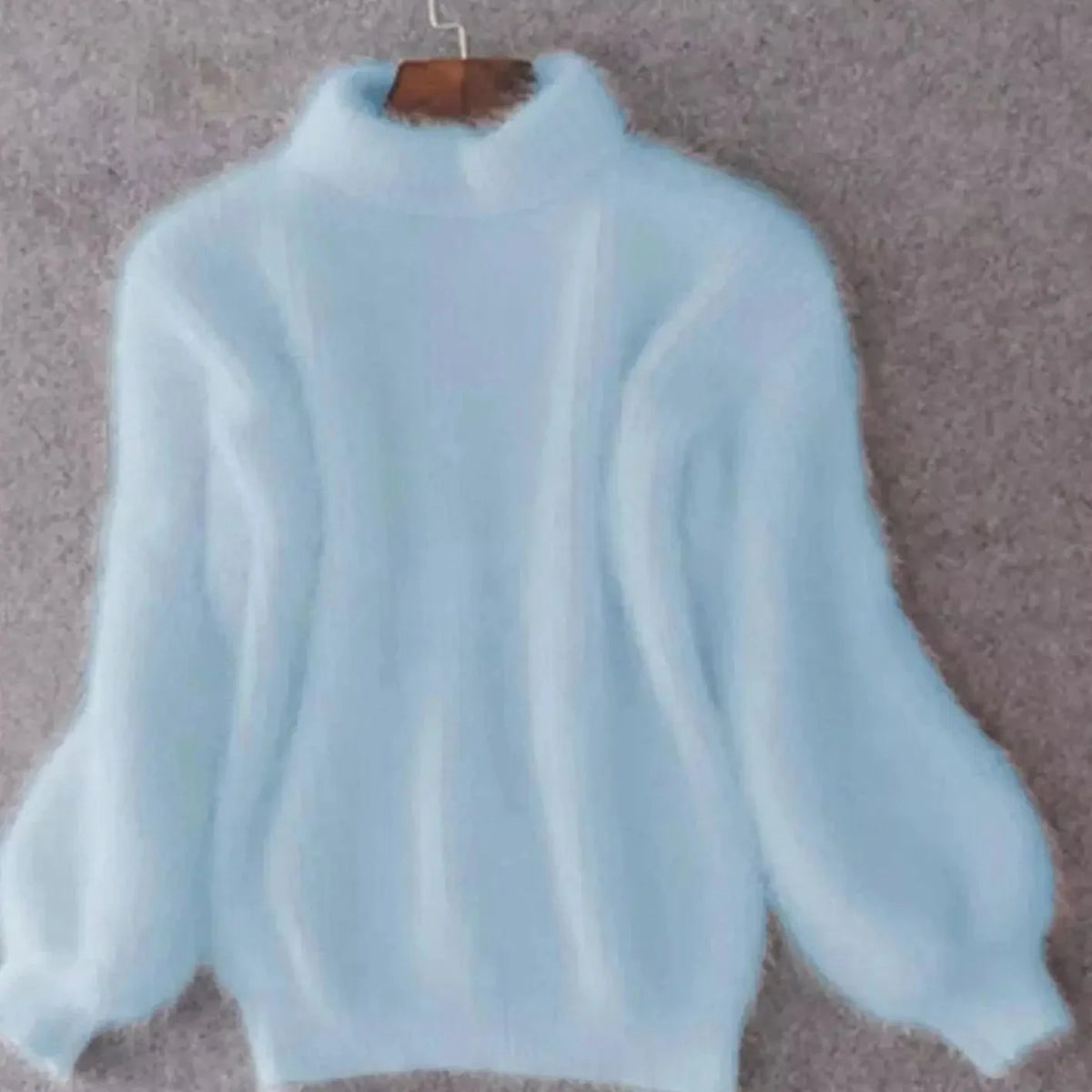 Blue Women's Turtleneck Sweater with Fluffy Balloon Sleeves & Ribbed Knit