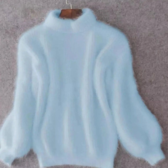 Blue Women's Turtleneck Sweater with Fluffy Balloon Sleeves & Ribbed Knit
