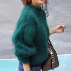 Green Women's Turtleneck Sweater with Fluffy Balloon Sleeves & Ribbed Knit