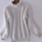 Grey Women's Turtleneck Sweater with Fluffy Balloon Sleeves & Ribbed Knit