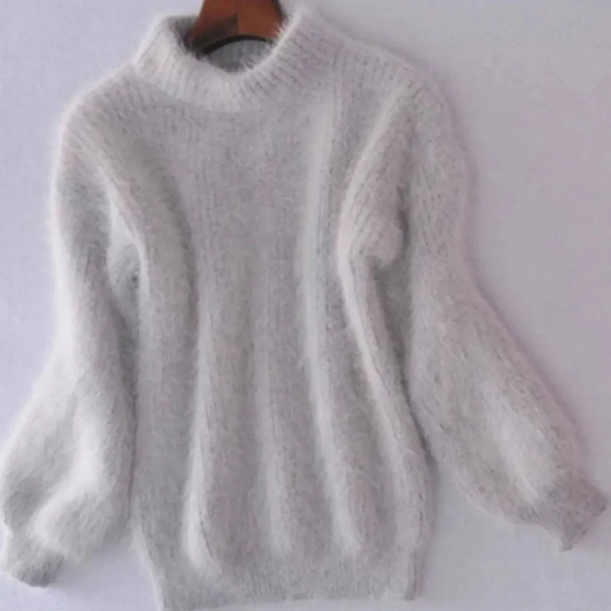 Grey Women's Turtleneck Sweater with Fluffy Balloon Sleeves & Ribbed Knit