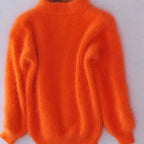 Orange Women's Turtleneck Sweater with Fluffy Balloon Sleeves & Ribbed Knit
