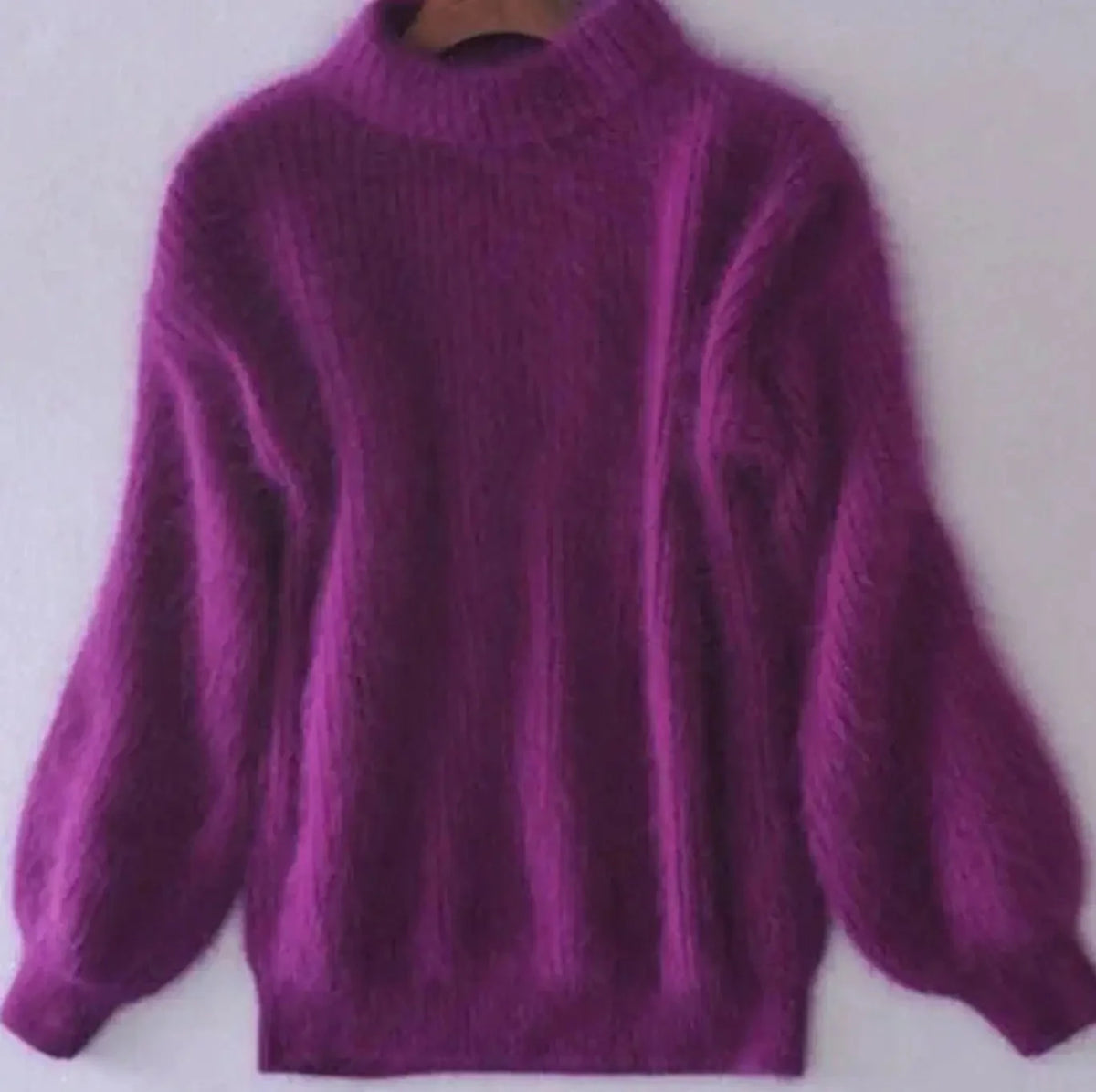 Purple Women's Turtleneck Sweater with Fluffy Balloon Sleeves & Ribbed Knit