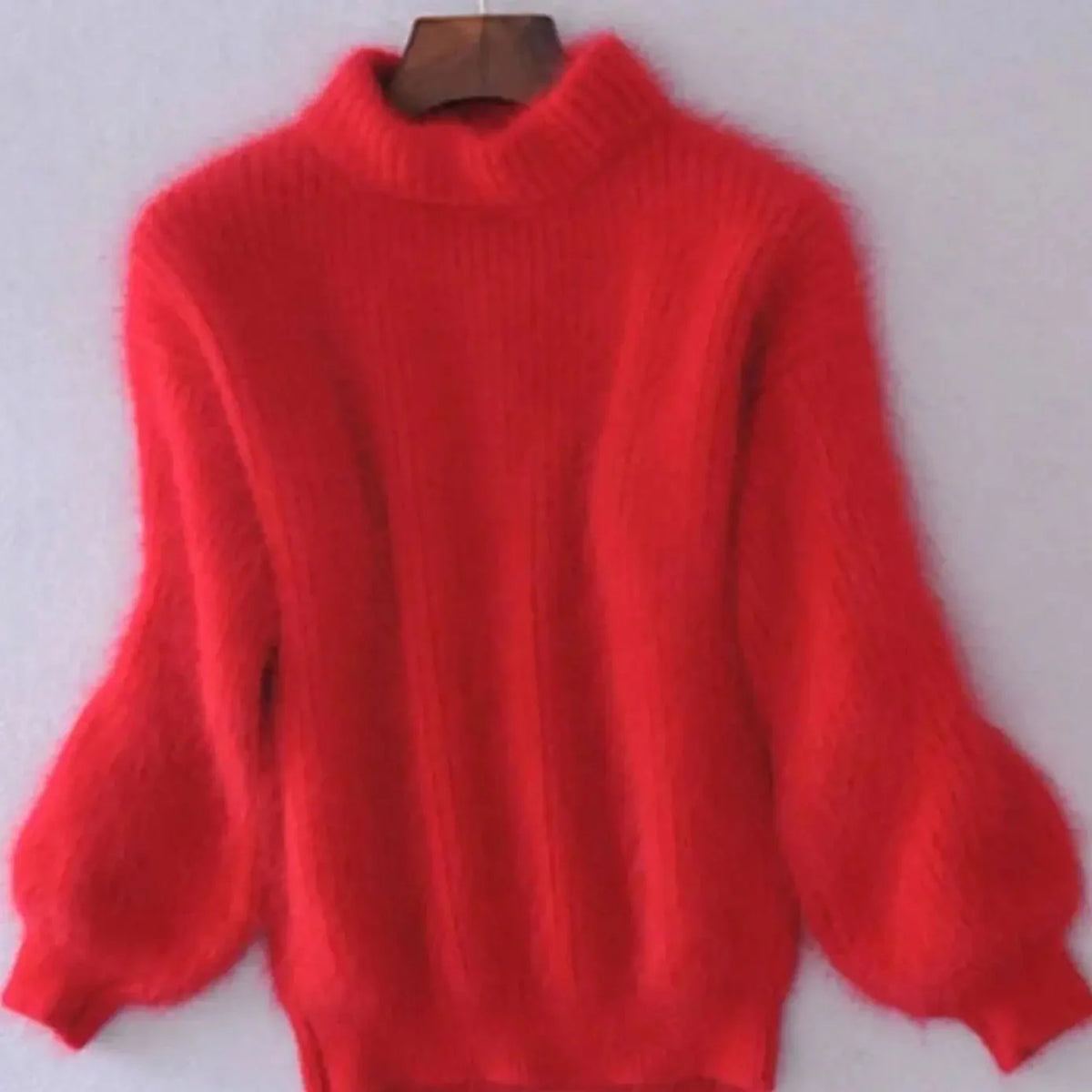 Red Women's Turtleneck Sweater with Fluffy Balloon Sleeves & Ribbed Knit