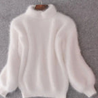 White Women's Turtleneck Sweater with Fluffy Balloon Sleeves & Ribbed Knit