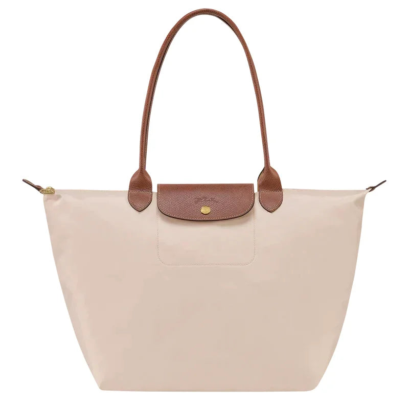 Women's Foldable Nylon Tote Bag with Leather Trim - Front Flat