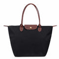 Black Women's Foldable Nylon Tote Bag with Leather Trim - Front Full