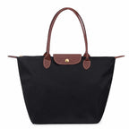 Black Women's Foldable Nylon Tote Bag with Leather Trim - Front Full