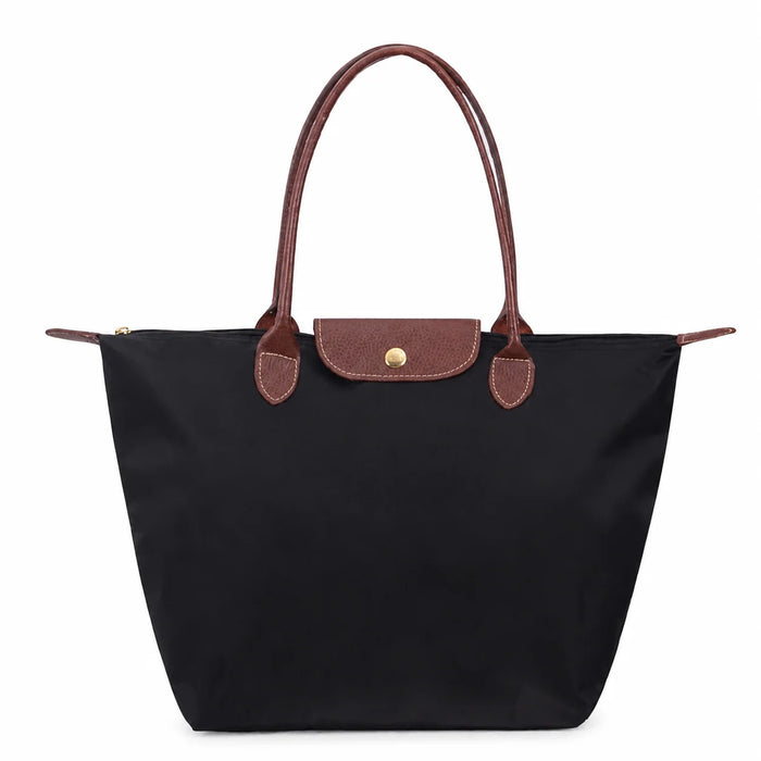 Black Women's Foldable Nylon Tote Bag with Leather Trim - Front Full
