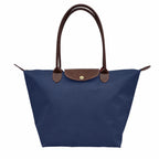 Dark Blue Women's Foldable Nylon Tote Bag with Leather Trim - Front Handles Together