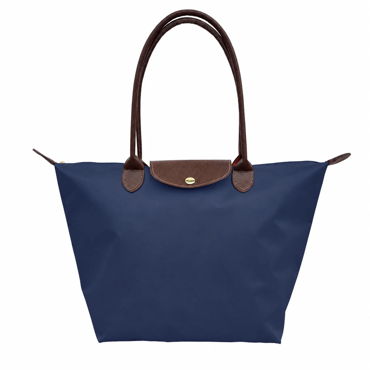 Dark Blue Women's Foldable Nylon Tote Bag with Leather Trim - Front Handles Together