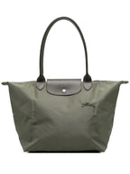 Dark Green Women's Foldable Nylon Tote Bag with Leather Trim - Front Centered