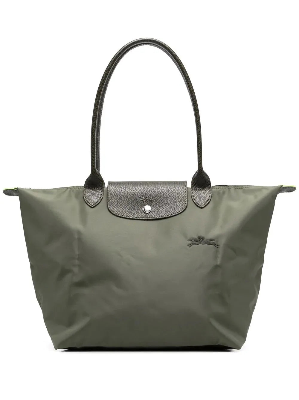 Dark Green Women's Foldable Nylon Tote Bag with Leather Trim - Front Centered