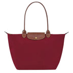 Red Women's Foldable Nylon Tote Bag with Leather Trim - Front Handles Raised