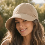 Beige Women's Foldable Wide Brim Sun Hat — Emerald Everyday Packable UPF 50+ - Front Full Worn