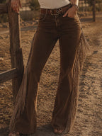 Brown Women's High-Rise Fringe Bootcut Jeans — Zoe Stretch Western Statement - Close Up Detail