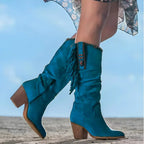 Blue Women's Fringe Knee High Cowboy Boots with Cushioned Block Heel — Rosabel - Side Profile Outdoor