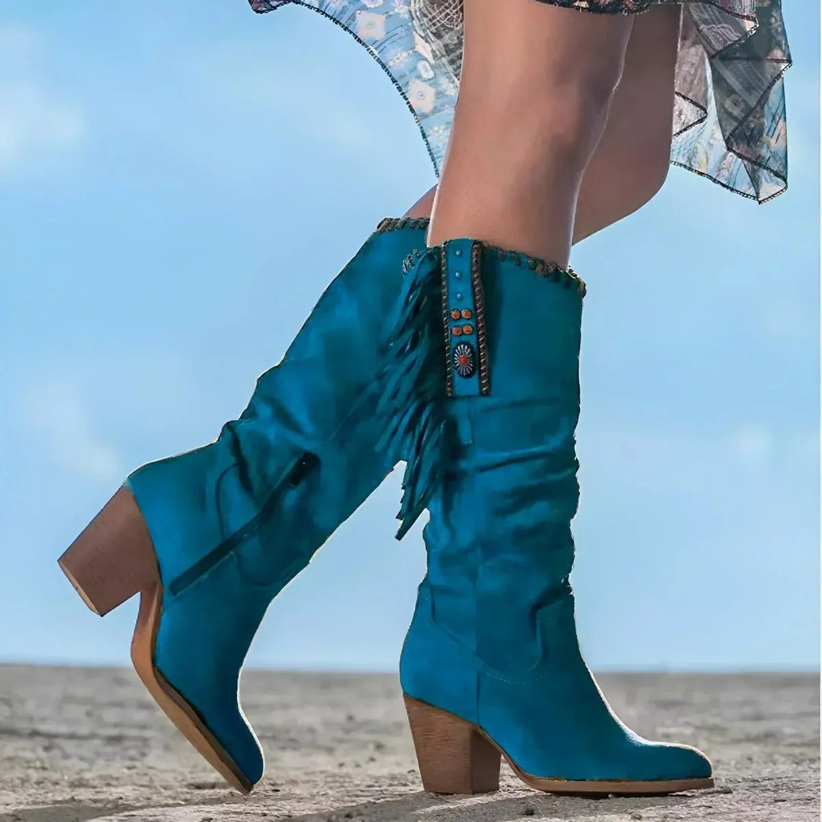 Blue Women's Fringe Knee High Cowboy Boots with Cushioned Block Heel — Rosabel - Side Profile Outdoor