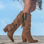 Brown Women's Fringe Knee High Cowboy Boots with Cushioned Block Heel — Rosabel - Side Profile Walking