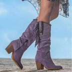 Purple Women's Fringe Knee High Cowboy Boots with Cushioned Block Heel — Rosabel - Side Profile Detail