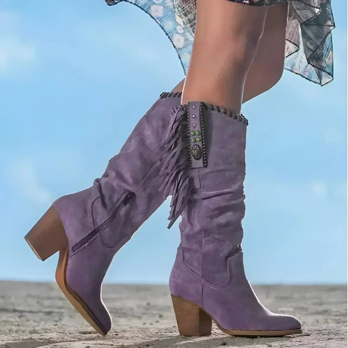 Purple Women's Fringe Knee High Cowboy Boots with Cushioned Block Heel — Rosabel - Side Profile Detail