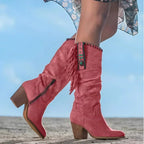 Red Women's Fringe Knee High Cowboy Boots with Cushioned Block Heel — Rosabel - Side Profile Stride