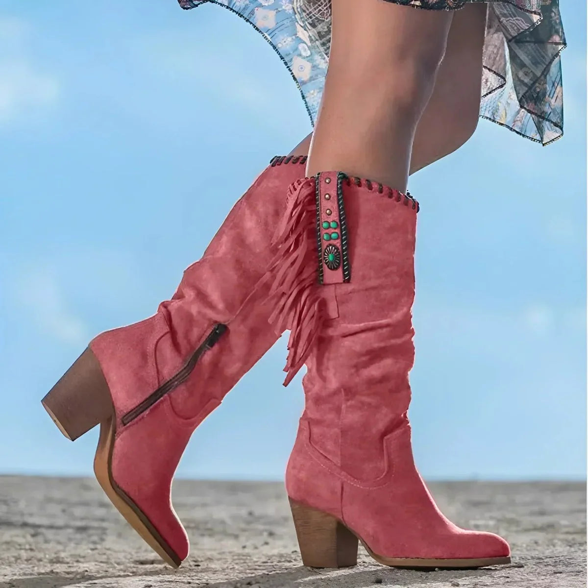 Red Women's Fringe Knee High Cowboy Boots with Cushioned Block Heel — Rosabel - Side Profile Stride