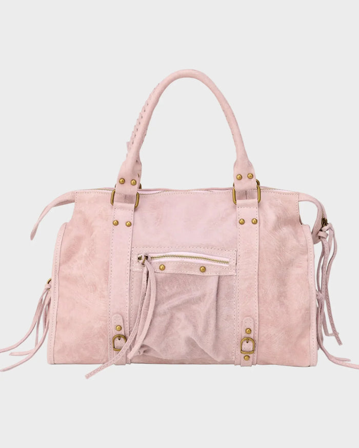 Light Pink Women's Pink Handbag with Fringe Tassels & Zip Pocket — Anna - Front Full