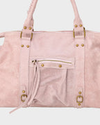 Light Pink Women's Pink Handbag with Fringe Tassels & Zip Pocket — Anna - Front Pocket Detail