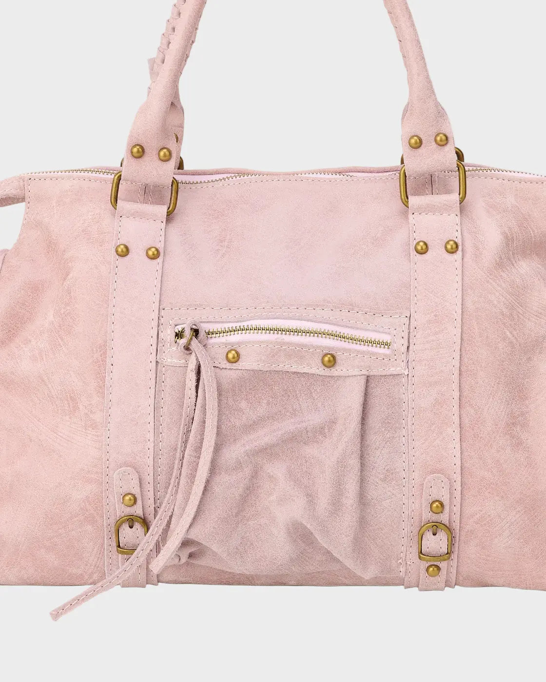 Light Pink Women's Pink Handbag with Fringe Tassels & Zip Pocket — Anna - Front Pocket Detail