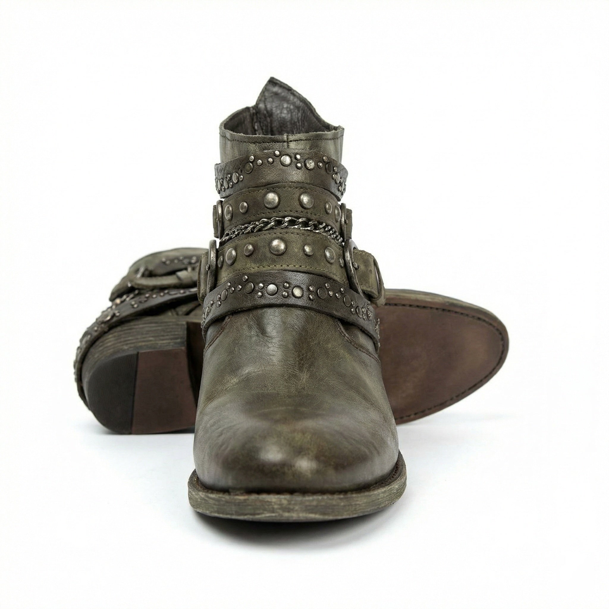Women's Vintage Chain Boots with Studded Straps & Buckle Detail — Kate