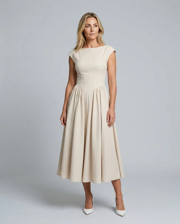 Beige Women's Full Skirt Midi Dress with Cap Sleeves & Round Neckline