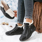 Black Women's Fur Lined Ankle Boots with Roomy Toe Box & Side Zipper - Fur Lining Pull Detail