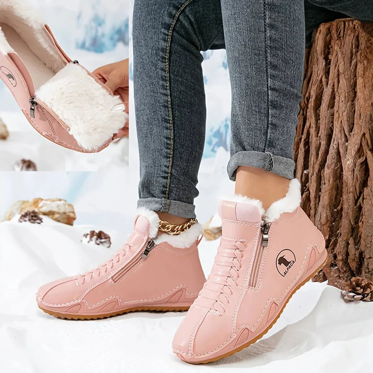 Women's Fur Lined Ankle Boots with Roomy Toe Box & Side Zipper - Fur Lining Pull Detail