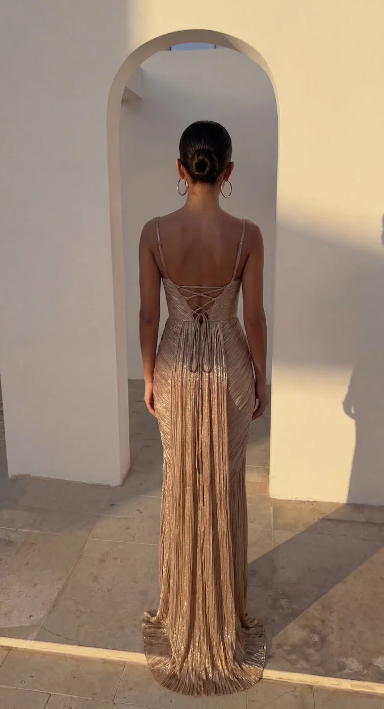 Gold Women's Glitter Maxi Dress with Corset Bodice & Ruched Skirt - Back Detail