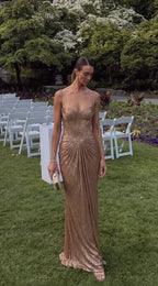 Gold Women's Glitter Maxi Dress with Corset Bodice & Ruched Skirt - Garden Wedding Pose