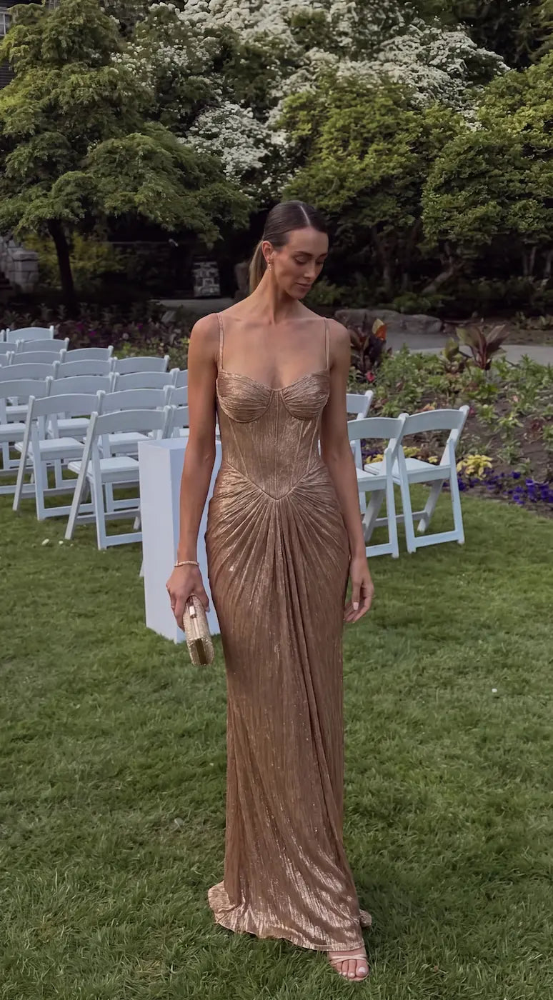 Gold Women's Glitter Maxi Dress with Corset Bodice & Ruched Skirt - Garden Wedding Pose