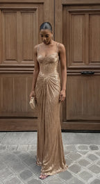 Gold Women's Glitter Maxi Dress with Corset Bodice & Ruched Skirt - Outdoor Front Pose