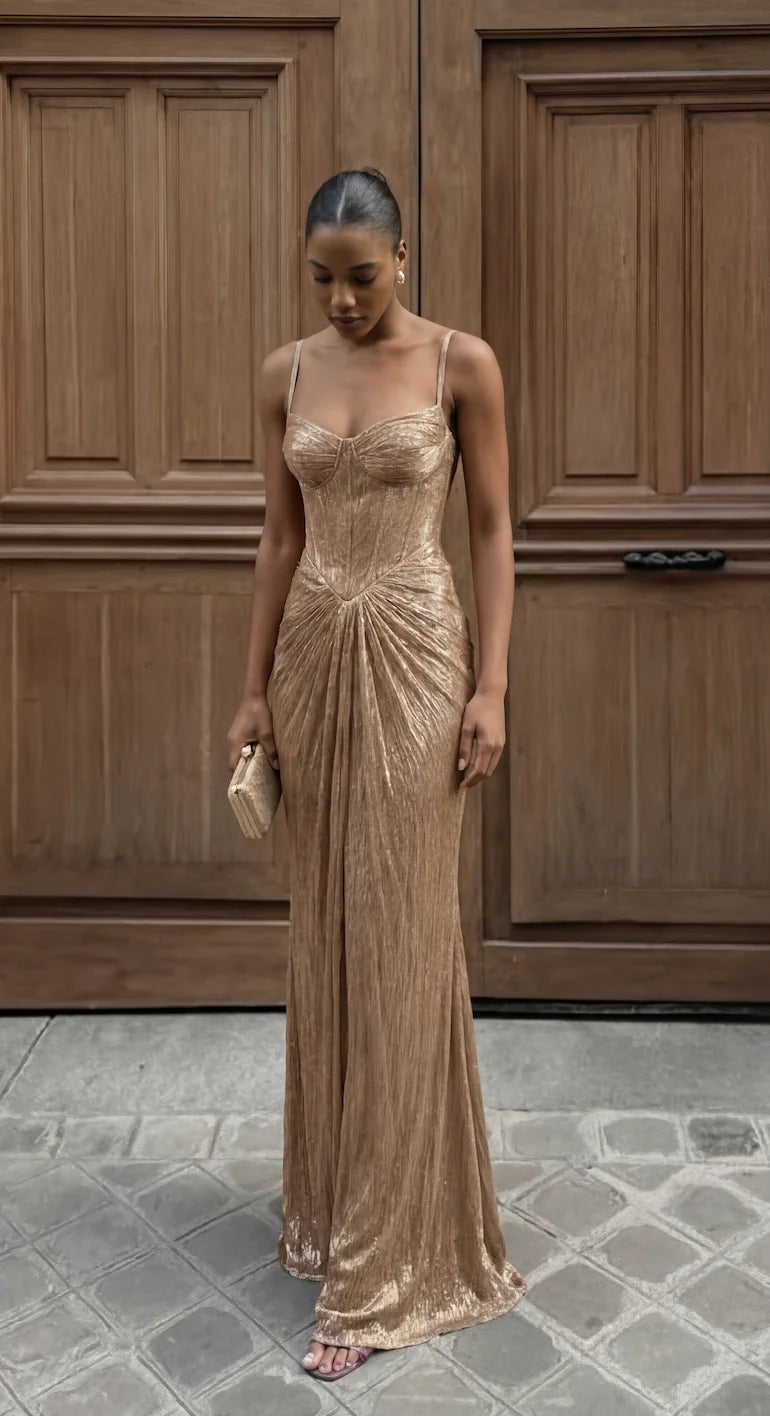 Gold Women's Glitter Maxi Dress with Corset Bodice & Ruched Skirt - Outdoor Front Pose