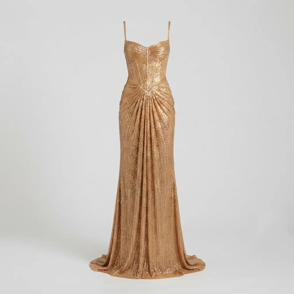 Gold Women's Glitter Maxi Dress with Corset Bodice & Ruched Skirt - Studio Flat