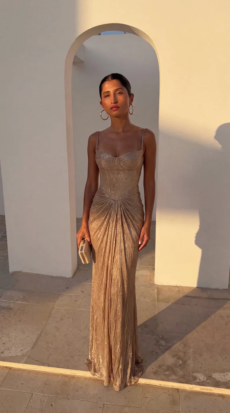 Gold Women's Glitter Maxi Dress with Corset Bodice & Ruched Skirt - Sunset Arch Pose