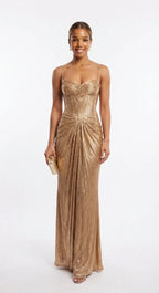 Gold Women's Glitter Maxi Dress with Corset Bodice & Ruched Skirt