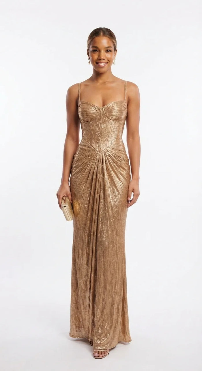 Gold Women's Glitter Maxi Dress with Corset Bodice & Ruched Skirt