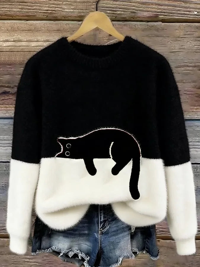 Black Women's Graphic Cat Sweatshirt with Relaxed Fit & Ribbed Trim