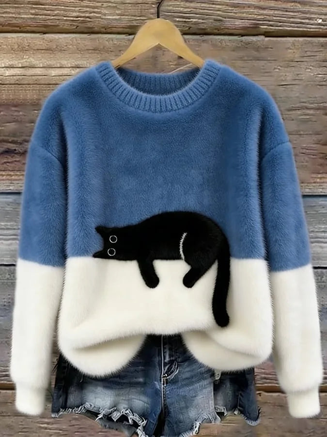 Blue Women's Graphic Cat Sweatshirt with Relaxed Fit & Ribbed Trim