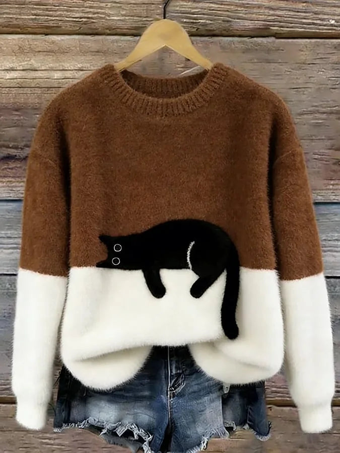 Brown Women's Graphic Cat Sweatshirt with Relaxed Fit & Ribbed Trim