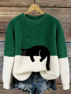 Green Women's Graphic Cat Sweatshirt with Relaxed Fit & Ribbed Trim